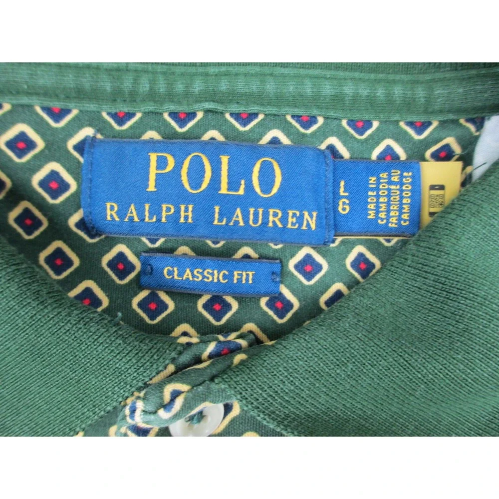 Ralph Lauren Polo Shirt Mens Large Green‎ Pony Diamonds AOP Classic Fit Casual*